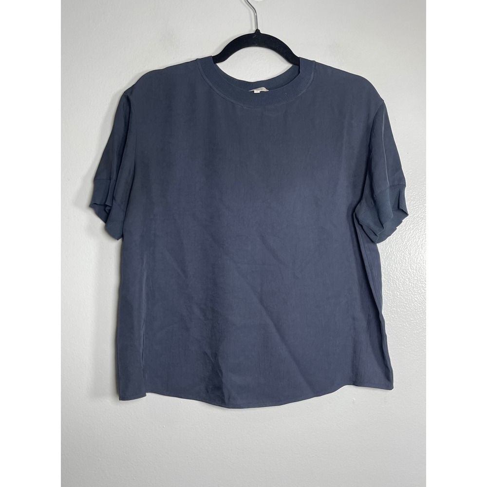 VINCE Navy Blue Mixed Media Ribbed Trim Crew Neck Short Sleeve Top Medium Career